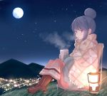  aqua_gloves blue_hair blush boots brown_footwear chair city_lights cup eyebrows_visible_through_hair fingerless_gloves from_side full_body full_moon gloves grass highres hill holding lantern moon mug night outdoors parted_lips pink_eyes shawl shima_rin sitting solo steam yosshii_(ne_ko_matter) yurucamp 