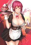  1girl absurdres apron bangs bow breasts cleavage closed_mouth comic commentary_request dessert detached_collar food fruit highres holding holding_tray indoors large_breasts legs looking_at_viewer maid maid_apron maid_cafe maid_dress original plate red_bow red_eyes red_hair restaurant short_hair smile spoon strawberry tray trickster_(artist) underbust waitress whipped_cream wrist_cuffs 