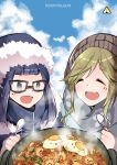  :d ^_^ artist_name blonde_hair blue_hair closed_eyes coat cooking day fang food fried_egg glasses highres inuyama_aoi knit_hat kooroiwwa long_hair looking_down multiple_girls oogaki_chiaki open_mouth outdoors pot rice sausage scarf short_hair shrimp smile sparkle spoon steam thick_eyebrows winter_clothes winter_coat yurucamp 