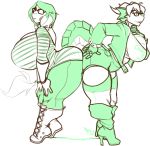  anthro big_breasts breasts butt_bump clothed clothing dragon duo eyewear female glasses green_theme hair heel_boots horn huge_breasts human hyper hyper_breasts jintonic mammal smile standing thick_thighs voluptuous 
