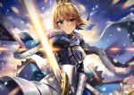  armor armored_dress artoria_pendragon_(all) bad_id bad_pixiv_id blonde_hair blue_cape blue_dress blue_ribbon blush cape crown dress excalibur eyebrows_visible_through_hair fate/stay_night fate_(series) floating_hair fur_trim gauntlets green_eyes hair_between_eyes hair_ribbon holding holding_sword holding_weapon looking_at_viewer moze ribbon saber short_hair solo standing sword weapon 