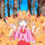  animal animal_ears artist_name bad_id bad_pixiv_id bangs bell blonde_hair blue_eyes blunt_bangs blurry blurry_background commentary_request fox fox_ears fox_on_head hands_up jingle_bell kemomimi_oukoku_kokuei_housou long_hair looking_at_viewer mikoko_(kemomimi_oukoku_kokuei_housou) navel open_mouth signature solo tama-chan_(tamachanchi) too_many_foxes tree twintails virtual_youtuber wide_sleeves 