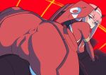  aqua_eyes ass bangs blush bodysuit breasts cameltoe commentary covered_anus covered_nipples darling_in_the_franxx from_behind hairband impossible_bodysuit impossible_clothes legs_apart long_hair looking_at_viewer looking_back medium_breasts mikoyan open_mouth pilot_suit pink_hair red_bodysuit skin_tight solo straight_hair teeth white_hairband zero_two_(darling_in_the_franxx) 