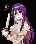  :d bad_id bad_pixiv_id beige_sweater black_background blush breath chromatic_aberration commentary doki_doki_literature_club eyebrows_visible_through_hair eyes_visible_through_hair flow_ech glitch hair_between_eyes heart highres holding holding_knife knife long_hair looking_at_viewer open_mouth purple_eyes purple_hair ribbed_sweater simple_background smile solo spoilers spoken_heart sweat sweater sweating_profusely taut_clothes texture upper_body very_long_hair yuri_(doki_doki_literature_club) 