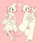  :d bangs bare_shoulders boots cross-laced_footwear dress elbow_gloves eyebrows_visible_through_hair fish_bone food fruit gloves heart holding holding_microphone hoozuki_no_reitetsu horns japanese_clothes kimono knee_boots lace-up_boots long_sleeves microphone microphone_stand monochrome multiple_views obi open_mouth peach peach_maki pink_background polka_dot polka_dot_background sash sepia short_hair skeleton smile standing standing_on_one_leg strapless strapless_dress v wide_sleeves yuu_(chucooooo) zouri 