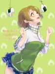  blue_skirt bread_eating_race brown_hair character_name clenched_hands dated food food_on_face food_themed_background green_background hands_up happy_birthday highres jacket kate_iwana koizumi_hanayo love_live! love_live!_school_idol_project miniskirt onigiri open_mouth print_skirt purple_eyes rice rice_on_face short_hair skirt solo star star_print track_jacket turtleneck 