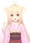  animal_ears blonde_hair blush brown_eyes eyebrows_visible_through_hair fang fox_ears hair_between_eyes highres japanese_clothes kimono konohana_kitan long_hair looking_at_viewer obi open_mouth pink_kimono purple_eyes sash simple_background solo standing upper_body white_background yutsuki_warabi yuzu_(konohana_kitan) 