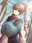  alternate_costume fire_emblem fire_emblem_heroes fire_emblem_if grey_hair hajime_(usagi) highres japanese_clothes long_hair male_focus orange_eyes ponytail scarf snow solo takumi_(fire_emblem_if) tree upper_body 