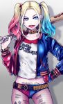  1girl blonde_hair blue_hair breasts dc_comics harley_quinn lipstick makeup multicolored_hair pantyhose pantyhose_under_shorts pink_hair short_shorts shorts solo suicide_squad thighs torn_clothes torn_pantyhose weapon 
