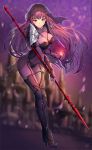  armor armored_boots bangs blurry blurry_background bodysuit boots breasts cityscape cleavage covered_navel eyebrows_visible_through_hair fate/grand_order fate_(series) fire full_body gae_bolg hair_intakes highres holding holding_weapon large_breasts leaning_forward lee_seok_ho long_hair looking_at_viewer pauldrons petals polearm purple_bodysuit purple_hair red_eyes scathach_(fate)_(all) scathach_(fate/grand_order) shoulder_armor smile solo spear standing veil weapon 