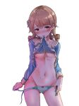  absurdres aqua_panties arm_at_side ass_visible_through_thighs bangs blush bow bow_panties breasts brown_eyes brown_hair closed_mouth cowboy_shot drill_hair embarrassed eyebrows_visible_through_hair frown groin hair_ornament head_tilt highres idolmaster idolmaster_cinderella_girls legs_apart lifted_by_self long_sleeves looking_at_viewer medium_breasts morikubo_nono mouth_hold navel panties pink_bow raised_eyebrows sak_(lemondisk) shirt_lift side-tie_panties simple_background solo standing stomach stuffed_toy sweat swept_bangs thighs underboob underwear untying white_background 
