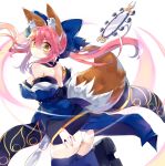  animal_ears ass bare_shoulders blue_legwear blue_ribbon blush bow breasts detached_sleeves eyebrows_visible_through_hair fate/extra fate/grand_order fate_(series) fox_ears fox_tail hair_bow hair_ribbon highres japanese_clothes kanari_no_binetsu large_breasts long_hair looking_at_viewer looking_to_the_side mirror panties pink_hair ribbon solo suiten_nikkou_amaterasu_yanoshisu_ishi tail tamamo_(fate)_(all) tamamo_no_mae_(fate) thighhighs twintails underwear white_panties yellow_eyes 