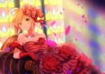  ahoge arm_rest armchair bare_shoulders blonde_hair blurry blurry_background breasts chair cleavage collarbone depth_of_field dress elbow_gloves fate/extra fate_(series) flower fromchawen glint gloves green_eyes hair_flower hair_intakes hair_ornament head_tilt idol_emperor indoors jewelry light_rays looking_at_viewer medium_breasts necklace nero_claudius_(fate) nero_claudius_(fate)_(all) pearl_necklace petals red_dress red_flower red_gloves red_rose rose shawl signature sitting solo stained_glass strapless strapless_dress striped sunbeam sunlight tareme vertical-striped_dress vertical_stripes 
