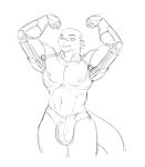 2018 anthro athletic biceps big_bulge bulge clothing cybernetics cyborg digital_media_(artwork) flexing grin horn looking_at_viewer machine male muscular muscular_male navel nipples pecs portrait rawgreen reptile scalie simple_background sketch smile solo standing teeth thick_thighs three-quarter_portrait trenco underwear white_background 