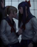  absurdres bangs blonde_hair bow commentary fingernails guweiz hair_bow highres ilya_kuvshinov_(style) long_hair looking_at_another multiple_girls photo-referenced pipimi poptepipic popuko purple_hair realistic red_bow school_uniform standing tied_hair wall_slam window 