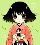  1girl bangs black_hair blush brown_eyes closed_mouth fingernails food fruit green_background holding hoozuki_(hoozuki_no_reitetsu) hoozuki_no_reitetsu horn horns japanese_clothes kimono long_sleeves miniboy nail_polish obi parted_bangs peach peach_maki pink_kimono pink_nails sash short_hair translation_request wide_sleeves yuu_(chucooooo) 