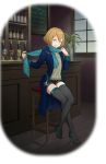  beer_tap belt black_legwear blue_eyes blue_scarf boots bottle brown_hair floral_print full_body hair_between_eyes high_heel_boots high_heels highres indoors looking_at_viewer official_art plant princess_principal princess_principal_game_of_mission scarf short_hair sitting smile solo stool thigh_boots thighhighs vase window wine_bottle zelda_(princess_principal) zettai_ryouiki 