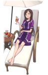  barefoot beach_umbrella brown_hair chair cup cupping_glass dorothy_(princess_principal) drink drinking_glass feet food fruit full_body glass highres knife lemon lemon_slice long_hair looking_at_viewer makaria official_art parted_lips pitcher princess_principal princess_principal_game_of_mission purple_eyes purple_skirt sitting skirt solo table toes transparent_background umbrella wine_glass 