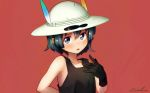  \||/ arm_behind_back armpits black_gloves black_hair black_tank_top blue_eyes blush brown_gloves collarbone commentary_request eyebrows_visible_through_hair feathers gloves hair_between_eyes hat hat_ribbon helmet kaban_(kemono_friends) kemono_friends looking_at_viewer open_mouth parted_lips pith_helmet red_background ribbon short_hair signature solo tank_top touching upper_body welt_(kinsei_koutenkyoku) 