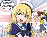  admiral_paru blonde_hair blue_eyes blue_sailor_collar character_name crossover dress emphasis_lines gloves hat jervis_(kantai_collection) kantai_collection little_girl_admiral_(kantai_collection) long_hair looking_at_viewer minty_mackenzie multiple_girls sailor_collar sailor_dress seiyuu_connection shima_rin short_sleeves solo_focus touyama_nao twitter_username union_jack upper_body white_gloves white_hat yurucamp 