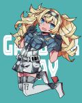  black_gloves blonde_hair blue_eyes blush boots breast_pocket breasts buttons commentary_request gambier_bay_(kantai_collection) gloves hair_between_eyes hairband highres kantai_collection large_breasts long_hair looking_at_viewer messy_hair open_mouth pocket rirashi shorts solo thigh_boots thighhighs twintails 