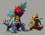  commentary creature dragon druddigon fraxure full_body fushigi_no_dungeon gen_5_pokemon glitchedpuppet grey_background highres no_humans pokemon pokemon_(creature) pokemon_(game) pokemon_fushigi_no_dungeon red_eyes simple_background standing yellow_eyes 