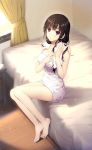  alpha_(yukai_na_nakamatachi) black_hair commentary_request long_hair naked_towel on_bed sitting sitting_on_bed solo towel wooden_floor 