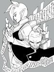  bad_id bad_pixiv_id black_eyes character_request dragon_ball dragon_ball_super egyptian_clothes grey_background happy heart long_sleeves looking_away looking_down male_focus mohawk monochrome multiple_boys paper pointy_ears simple_background smile tetsuyo zamasu 