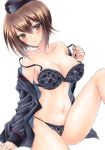  :o black_bra black_panties blush bra breasts brown_eyes brown_hair cleavage girls_und_panzer hat marker_(medium) medium_breasts millipen_(medium) navel nishizumi_maho off_shoulder panties ren_(endscape20) short_hair simple_background solo traditional_media underwear underwear_only white_background 