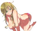  all_fours ass bare_shoulders barefoot bikini blush breasts brown_hair butt_crack cleavage collarbone covered_nipples eyebrows_visible_through_hair eyes_visible_through_hair fang green_eyes hair_bobbles hair_ornament huge_breasts inuyama_aoi long_hair looking_at_viewer micro_bikini pink_bikini ribs rikosyegou side-tie_bikini side_ponytail simple_background skindentation smile solo sweat swimsuit thick_eyebrows yurucamp 