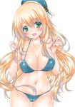  :d atago_(kantai_collection) bikini blonde_hair blue_bikini blue_hat blush breasts eyebrows_visible_through_hair green_eyes hat kantai_collection long_hair looking_at_viewer marker_(medium) medium_breasts millipen_(medium) navel open_mouth ren_(endscape20) simple_background smile solo stomach swimsuit traditional_media white_background 