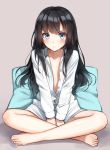  barefoot black_hair blue_eyes blush character_request closed_mouth collarbone copyright_request eyebrows_visible_through_hair flat_chest highres looking_at_viewer sitting solo superpig unbuttoned 