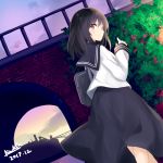  artist_name black_hair black_skirt blush bridge brown_eyes closed_mouth cloud dated eyebrows_visible_through_hair kavka long_sleeves looking_at_viewer medium_hair original outdoors signature skirt smile solo sunset water 