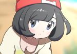  beanie black_hair blurry blush breasts clueless collarbone depth_of_field downblouse hat leaning_forward looking_at_viewer meronshiroppu mizuki_(pokemon) nipples no_bra one_breast_out pokemon pokemon_(game) pokemon_sm shirt short_hair short_sleeves small_breasts solo 