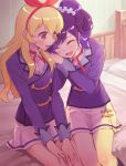  :d aikatsu! aikatsu!_(series) bed blazer blonde_hair blue_hair blush bow closed_eyes commentary gobou_1000 hair_bow hair_ornament hair_scrunchie hairband hoshimiya_ichigo jacket kiriya_aoi leaning_on_person long_hair multiple_girls on_bed open_mouth red_eyes ribbon school_uniform scrunchie side_ponytail sitting sitting_on_bed skirt smile starlight_academy_uniform white_skirt 