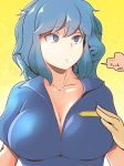  annoyed blue_eyes blue_hair blue_shirt breasts cleavage closed_mouth collarbone collared_shirt commentary_request cookie_(touhou) english eyebrows_visible_through_hair hand_on_another's_chest hekiga_(freelot) highres kawashiro_nitori kofji_(cookie) large_breasts looking_to_the_side medium_hair profanity shirt short_sleeves solo_focus touhou upper_body 