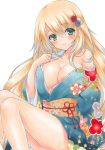  atago_(kantai_collection) bare_shoulders blonde_hair breasts cleavage closed_mouth eyebrows_visible_through_hair green_eyes hair_ornament japanese_clothes kantai_collection kimono legs long_hair looking_at_viewer marker_(medium) medium_breasts millipen_(medium) off_shoulder ren_(endscape20) simple_background sitting smile solo traditional_media white_background 