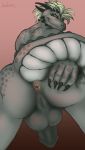  2015 anthro anus backsack balls black_sclera butt claws close-up digital_media_(artwork) dragon erection hair hand_on_butt hi_res horn jardenon lizard looking_at_viewer looking_back low-angle_view male naughty_face penis perineum pink_background presenting presenting_hindquarters rear_view reptile scalie sharp_claws simple_background smile solo spikes spread_butt spreading worm&#039;s-eye_view 