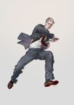  2018 artist_name black_jacket black_pants brown_footwear closed_mouth formal full_body green_eyes grey_background grey_hair highres holding holding_sword holding_weapon holster jacket jane_mere lips long_sleeves looking_at_viewer male_focus md5_mismatch necktie original pants red_neckwear sheath shirt shoes shoulder_holster simple_background solo suit sword unbuttoned unsheathing weapon white_shirt 