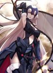  ahoge arm_up armor armored_dress armpits bangs banner bare_shoulders black_dress black_gloves black_legwear breasts chain cloud cloudy_sky day dress elbow_gloves eyebrows_visible_through_hair fate/grand_order fate_(series) faulds floating_hair from_below fur-trimmed_gloves fur-trimmed_legwear fur_trim gloves headpiece highres holding jeanne_d'arc_(alter)_(fate) jeanne_d'arc_(fate)_(all) light_rays long_hair looking_at_viewer looking_down medium_breasts navel navel_cutout open_mouth outdoors pale_skin platinum_blonde_hair scabbard serious sheath sheathed shiguru sky slit_pupils solo standing sunlight sword thighhighs vambraces very_long_hair weapon yellow_eyes 