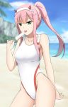 beach commentary_request competition_swimsuit cowboy_shot darling_in_the_franxx day food fuuma_nagi green_eyes hairband highleg highleg_swimsuit horns licking long_hair looking_at_viewer one-piece_swimsuit outdoors pink_hair ponytail popsicle solo straight_hair swimsuit tongue tongue_out white_hairband white_swimsuit zero_two_(darling_in_the_franxx) 
