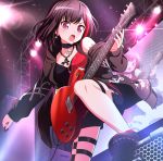  :o bang_dream! bangs black_choker black_footwear black_hair black_jacket cable chain_necklace choker diffraction_spikes drawstring earrings electric_guitar guitar highres holding holding_instrument hood hooded_jacket instrument jacket jewelry keita_(kta0) mitake_ran multicolored_hair music off_shoulder pendant playing_instrument plectrum purple_eyes red_hair screen shoes short_hair shorts side_slit solo speaker stage stage_lights standing_on_object thigh_strap v-shaped_eyebrows 
