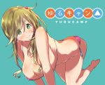  all_fours ass bare_shoulders barefoot bikini blush breasts brown_hair butt_crack cleavage collarbone covered_nipples eyebrows_visible_through_hair eyes_visible_through_hair fang green_background green_eyes hair_bobbles hair_ornament huge_breasts inuyama_aoi long_hair looking_at_viewer micro_bikini pink_bikini ribs rikosyegou side-tie_bikini side_ponytail simple_background skindentation smile solo sweat swimsuit thick_eyebrows yurucamp 