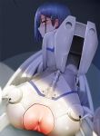  anus ass back blue_hair bodysuit cockpit commentary_request crotchless_clothes darling_in_the_franxx from_behind ginhaha green_eyes hair_ornament hairclip ichigo_(darling_in_the_franxx) looking_at_viewer looking_back pilot_suit pussy short_hair solo sweatdrop white_bodysuit 