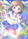  :o bangs barefoot blue_eyes blue_skirt blue_sky breasts brown_hair cloud cloudy_sky commentary_request day eyebrows_visible_through_hair flower hair_bobbles hair_ornament hairclip highres holding holding_hose hose looking_at_viewer moe2018 one_side_up open_mouth original outdoors pleated_skirt rin_(fuwarin) school_uniform serafuku shirt short_sleeves skirt sky small_breasts solo standing standing_on_one_leg sunflower toenails upper_teeth water water_drop white_shirt yellow_flower 