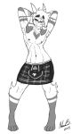  2015 absurd_res anthro blush caprine clothed clothing edit goat greyscale hands_behind_head hi_res hybrid kilt male mammal monochrome neon-b nipples one_eye_closed pattern_clothing plaid solo standing tartan_bottomwear tartan_clothing topless wide_hips 