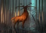  antlers cervine detailed_background eating feral forest horn james_zapata looking_away magic_the_gathering mammal multi_tail official_art partially_submerged plant quadruped solo standing swamp tree water 
