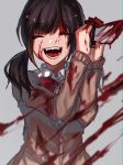  :d ^_^ ^o^ bad_id bad_pixiv_id bangs black_hair blood blood_on_face blood_splatter bloody_clothes bloody_knife blunt_bangs bow bowtie cardigan closed_eyes danjou_sora eyebrows_visible_through_hair grey_background happy holding holding_knife knife long_hair long_sleeves low_twintails motion_blur open_mouth original red_bow red_neckwear school_uniform simple_background smile solo teeth twintails two-handed upper_body 