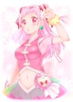  arakawa_tarou armpits back_bow blush bow breasts cure_yell directional_arrow heart highres hugtto!_precure long_hair looking_at_viewer magical_girl medium_breasts midriff navel nono_hana pink_eyes pink_hair pink_skirt precure skirt solo wrist_cuffs 