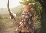  animal_ears armor armored_dress ass_visible_through_thighs black_legwear blonde_hair blurry commentary cowboy_shot day depth_of_field grass holding holding_spear holding_weapon kemono_friends koruse long_hair long_ponytail longhorn_lance mountain outdoors panties pantyshot pantyshot_(standing) polearm ponytail red_panties rhinoceros_ears solo spear standing thighhighs tree underwear weapon white_rhinoceros_(kemono_friends) 